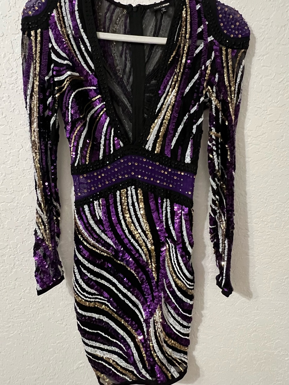 Purple Sequin Long-Sleeve V-Neck Party Dress